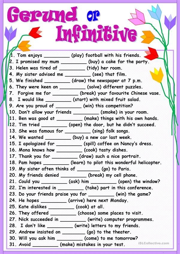 Gerunds And Infinitives Exercises Free Printable Gerunds And Riset