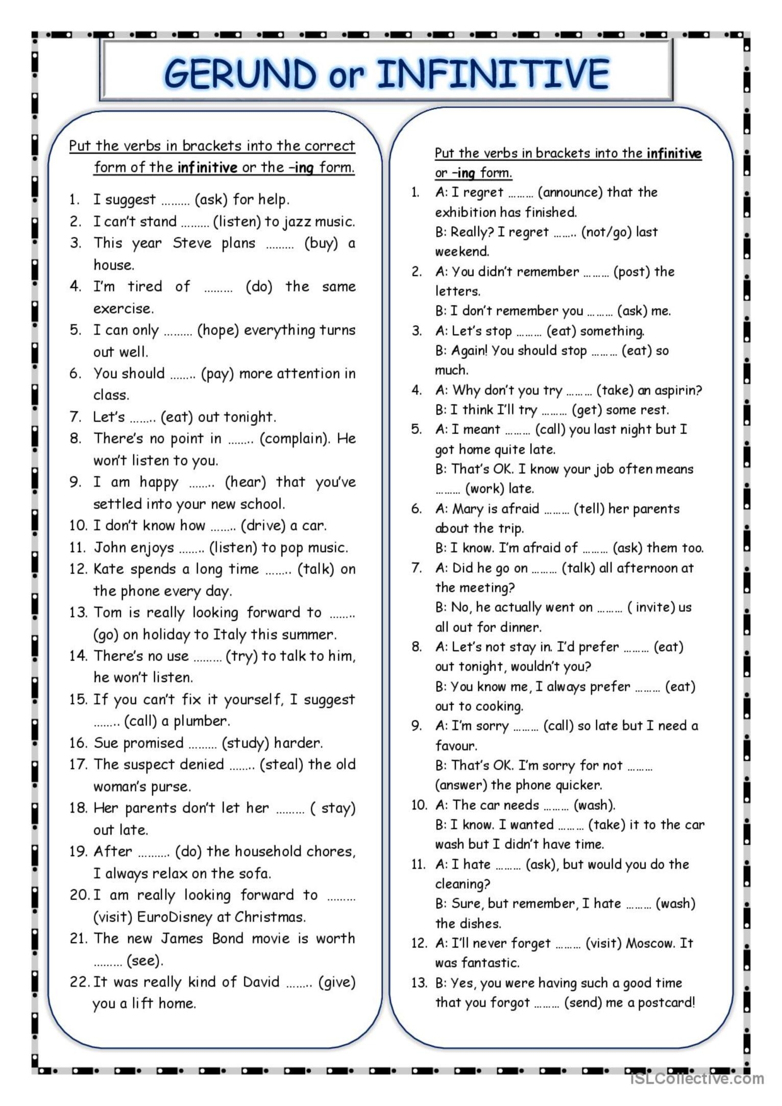 Gerunds And Infinitives Free Worksheets
