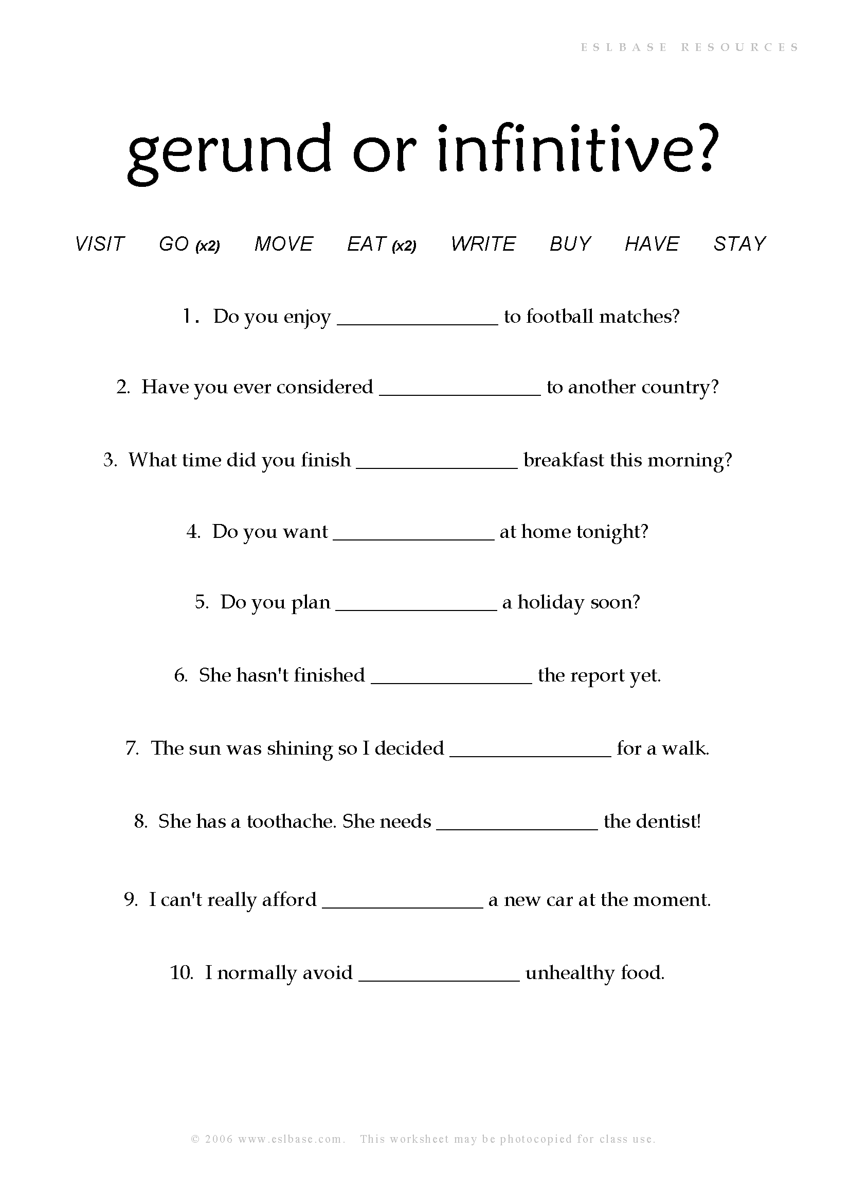 Gerunds And Infinitives Free Worksheets