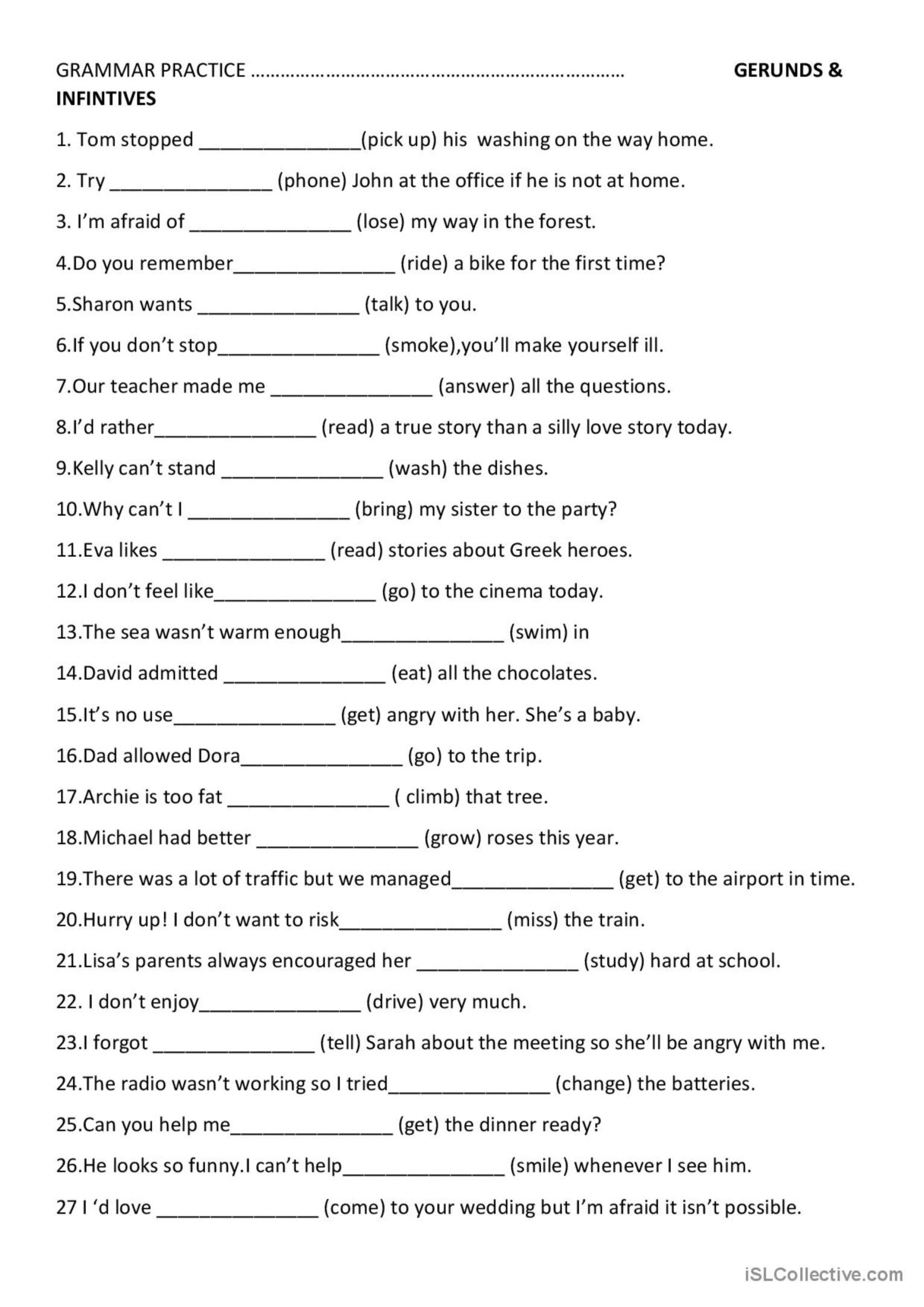 Gerunds And Infinitives Practice English ESL Worksheets Pdf Doc