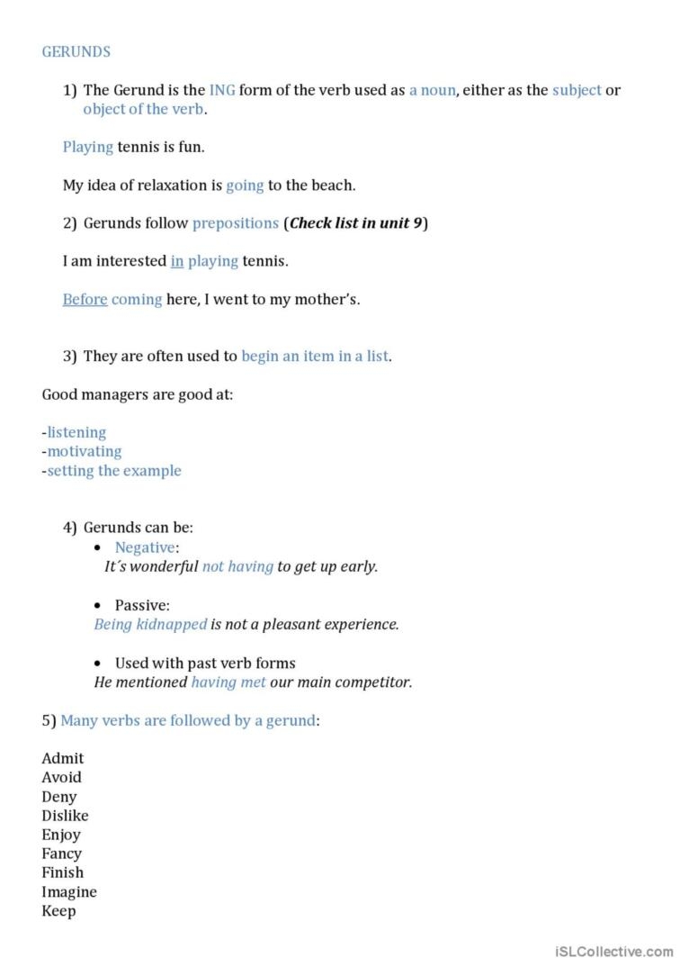 Gerunds English ESL Worksheets Pdf Doc