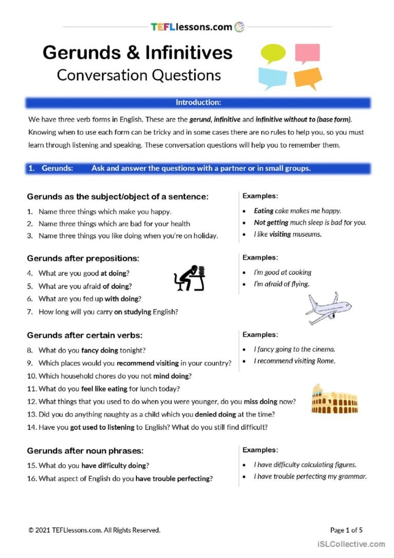 Gerunds Infinitives Conversation English ESL Worksheets Pdf Doc