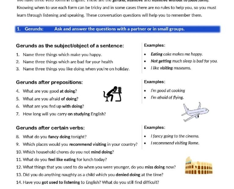 Gerunds Infinitives Conversation English ESL Worksheets Pdf Doc
