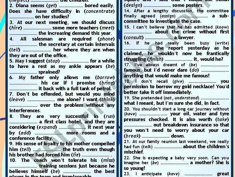 GERUNDS INFINITIVES EXERCISE ESL Worksheet By Exiliser