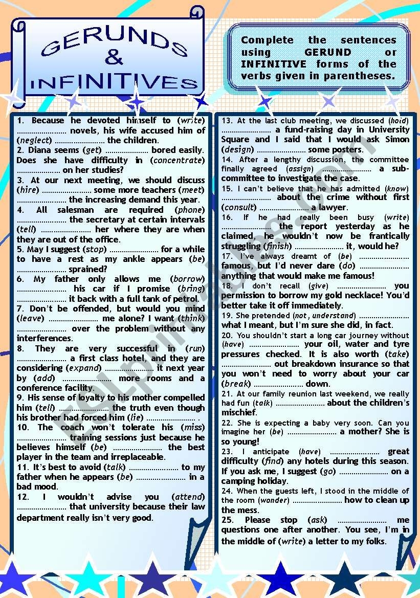 GERUNDS INFINITIVES EXERCISE ESL Worksheet By Exiliser