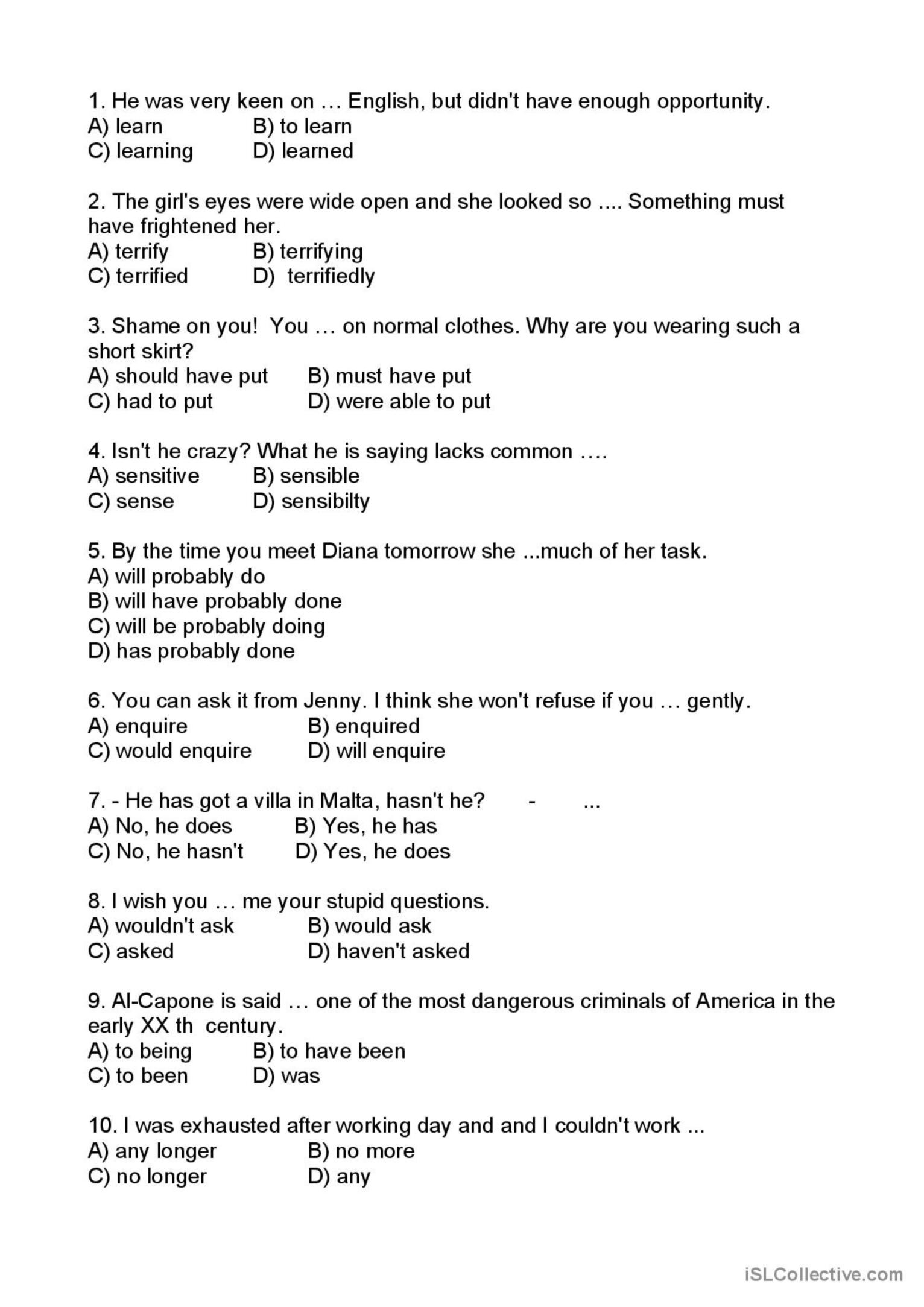 Grammar And Vocabulary Test English ESL Worksheets Pdf Doc