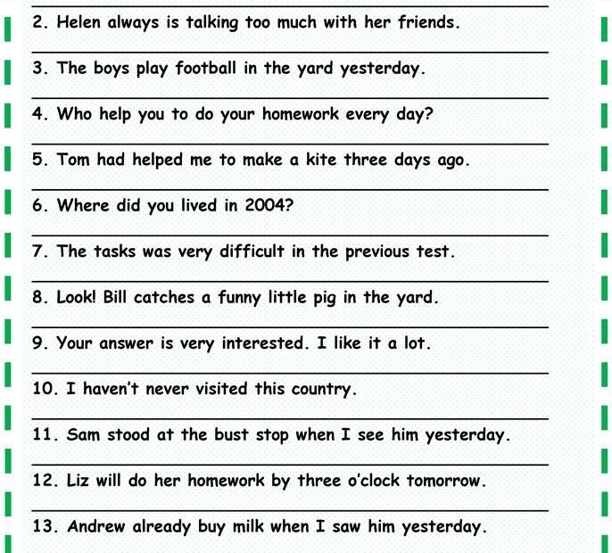 Grammar Correction Sentence Worksheet