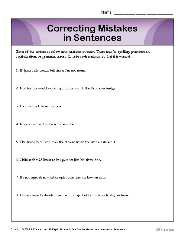 Grammar Correction Sentences Worksheet