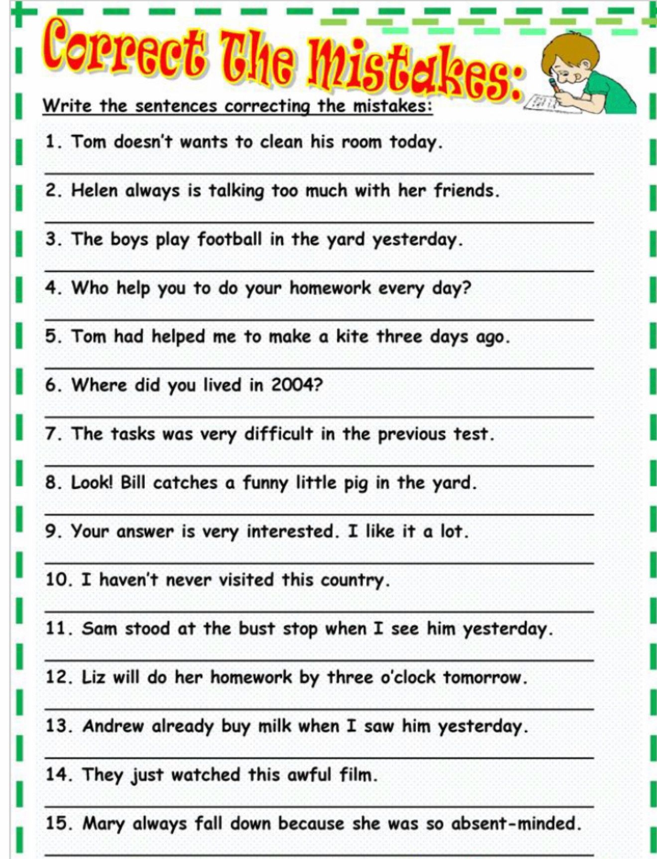 Grammar Correction Sentences Worksheet