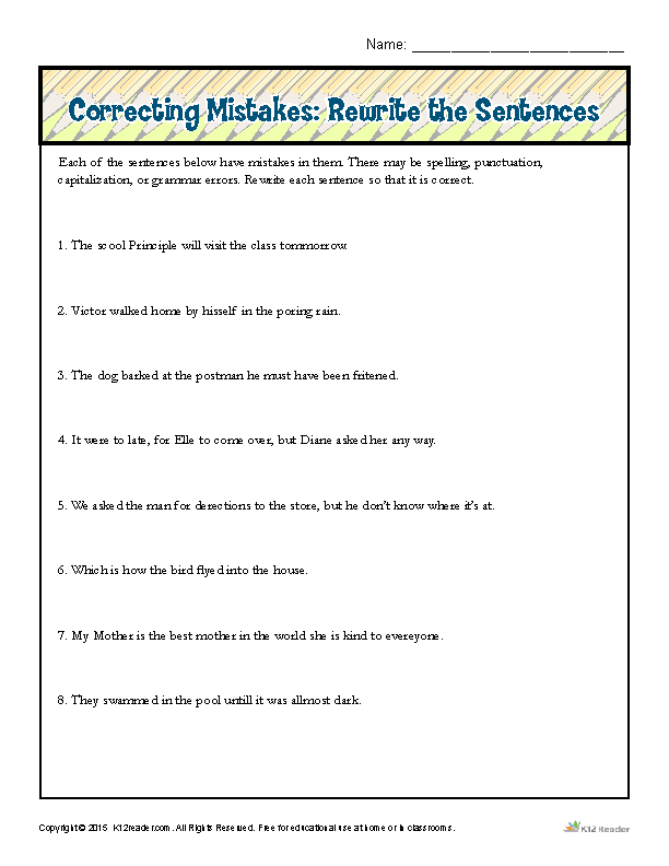 Grammar Sentence Correction Worksheets