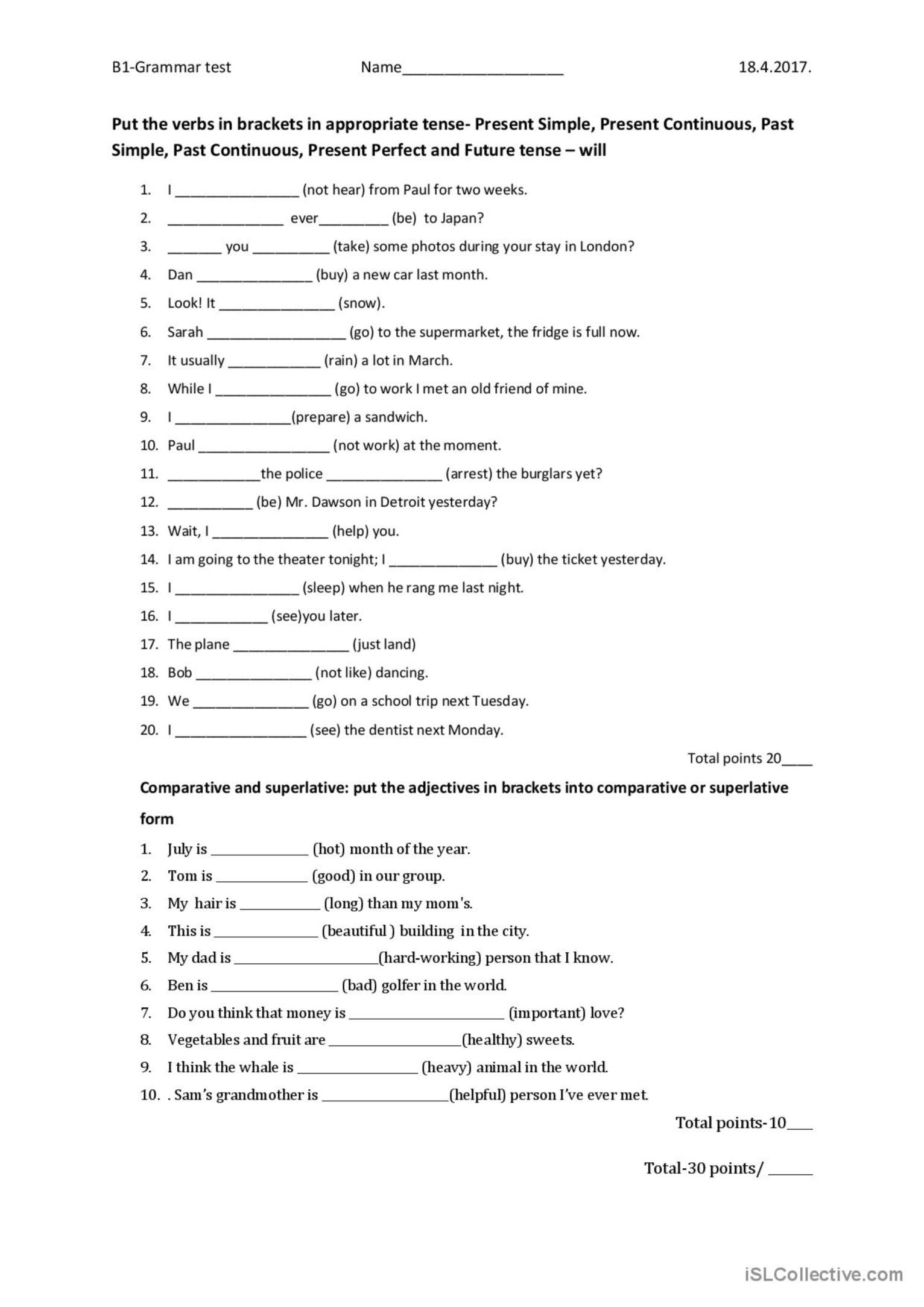 Grammar Test B1 General Gramma English ESL Worksheets Pdf Doc