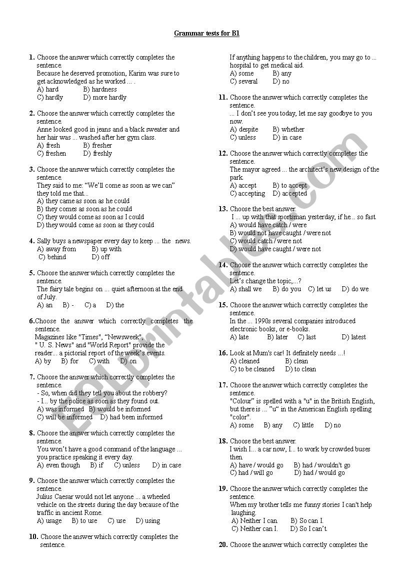 Grammar Tests 8 B1 ESL Worksheet By Poroxod