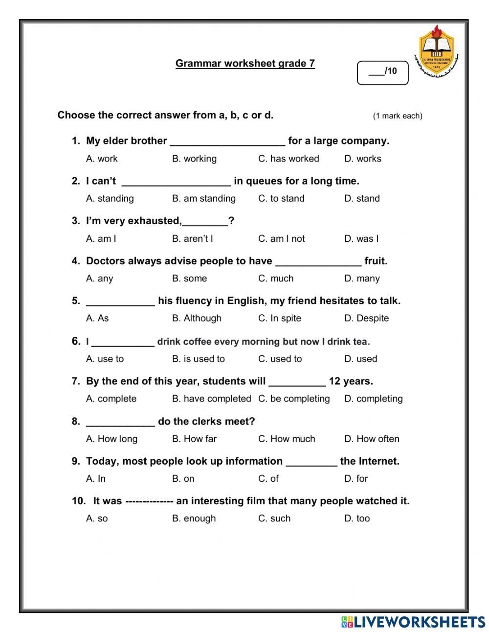 Grammar Worksheet Grade 7 Worksheet In 2023 Grammar Worksheets 