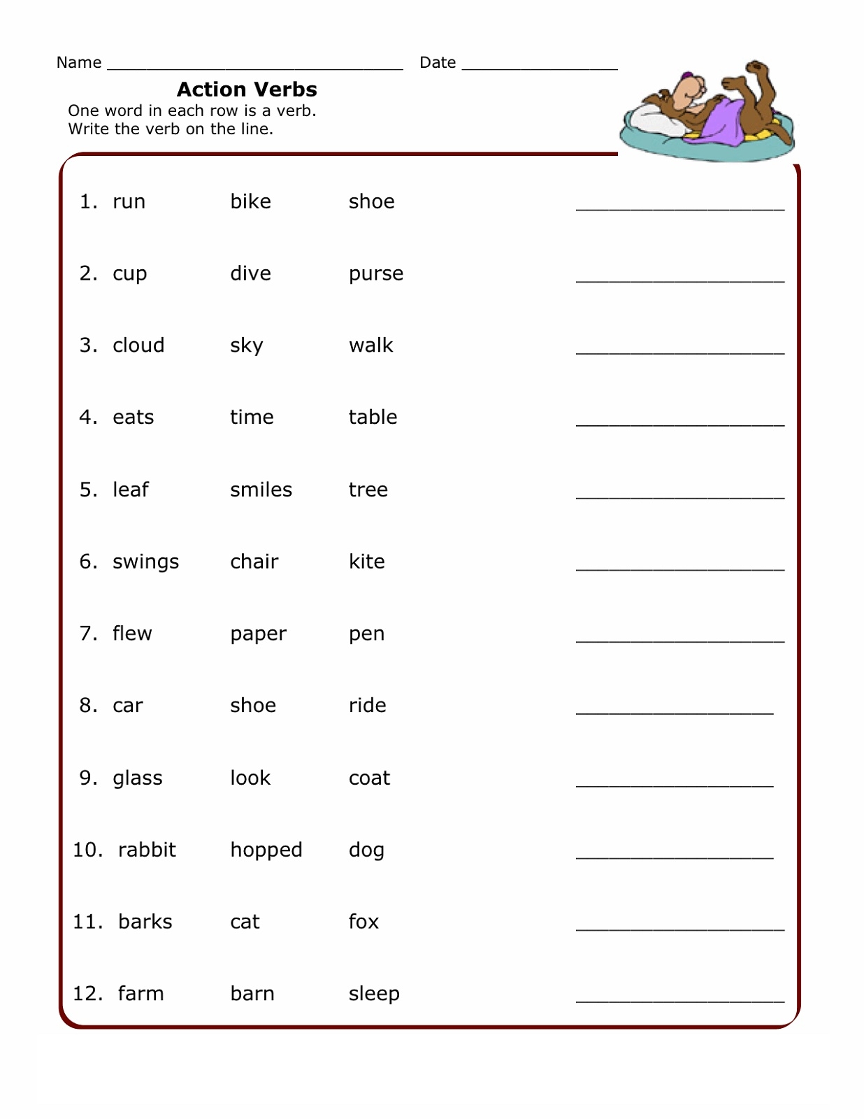 Grammar Worksheet Verbs