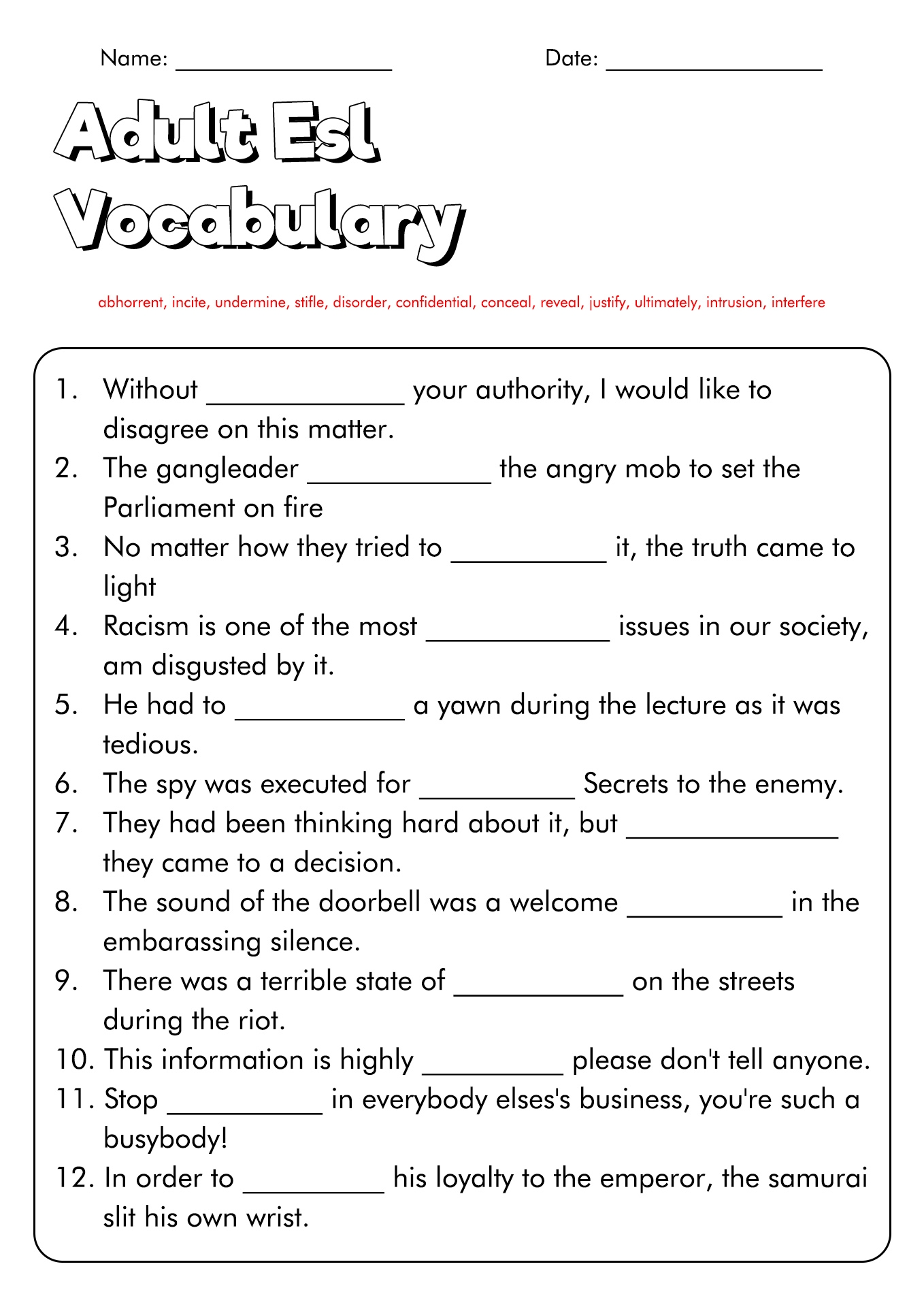 Grammar Worksheets For Esl Adults