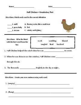 Half Chicken Vocabulary Comprehension Test Journeys By Miss Zees 