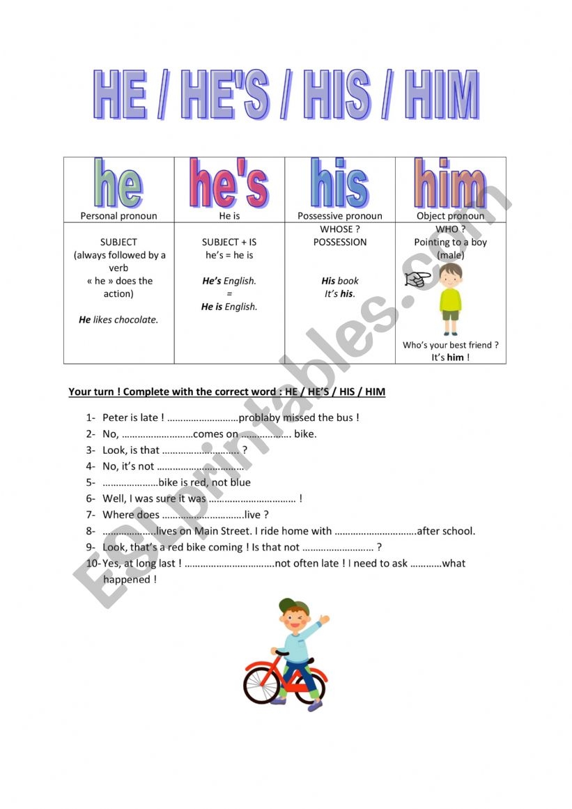 He Him His ESL Worksheet By Ttime