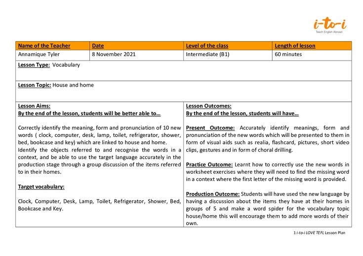 I to i TEFL Level 5 Assignment 1 Vocabulary Lesson Plan Passed With