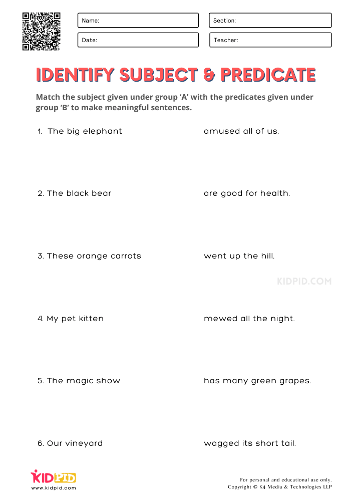 Identify Subject And Predicate Free Printable Worksheets For Grade 2 