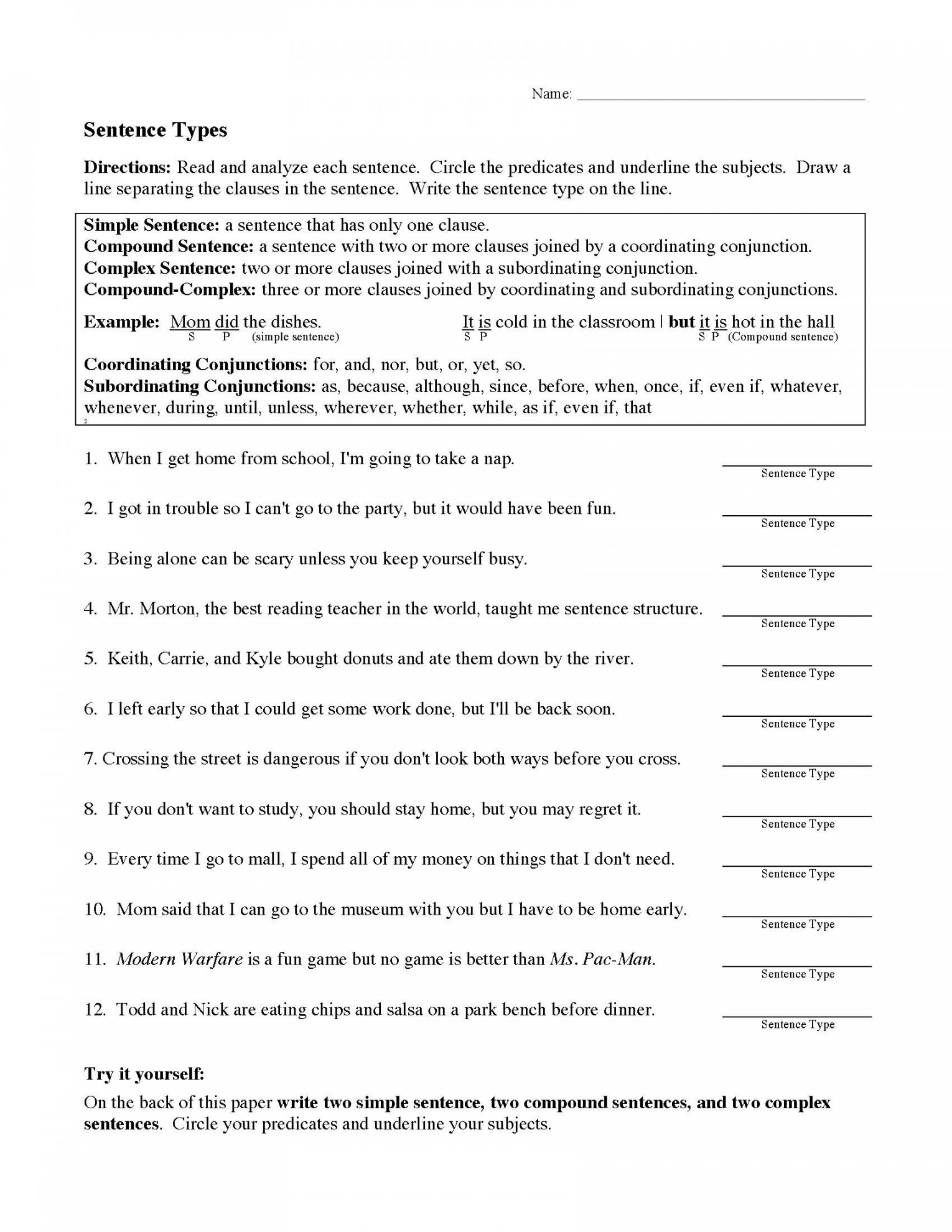 Identifying Sentence Types Worksheet Printable PDF Template