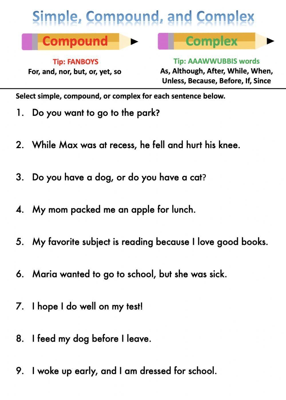 Identifying Simple Compound And Complex Sentences Worksheet