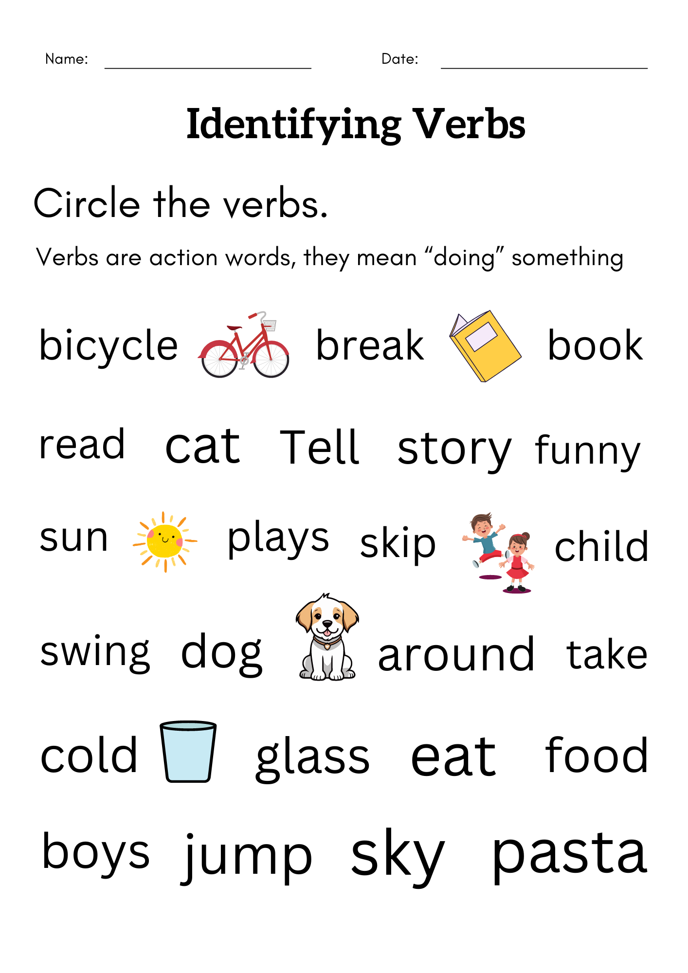Identifying Verbs Worksheet For Grade 1 2 Identify Action Verbs 