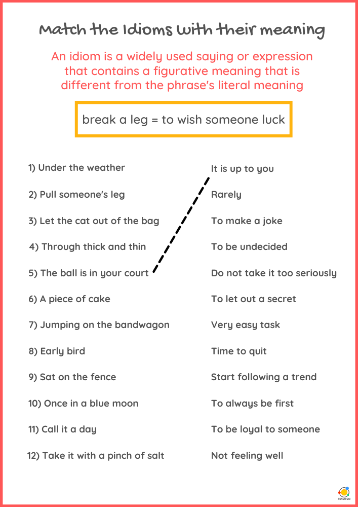 Idioms Worksheet Match Idiom To Meaning Teach On Worksheets Library