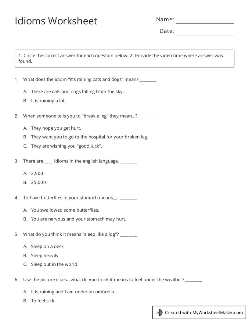 Idioms Worksheet My Worksheet Maker Create Your Own Worksheets