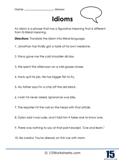 Idioms Worksheets 15 Worksheets