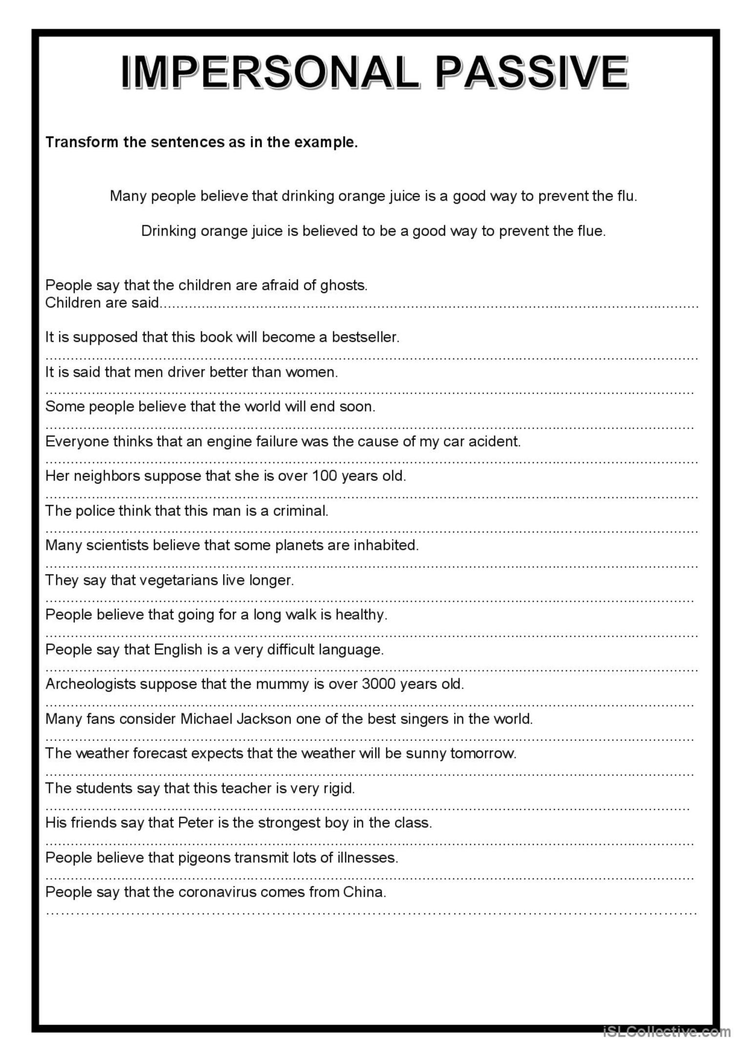 Impersonal Passive General Gramma English ESL Worksheets Pdf Doc