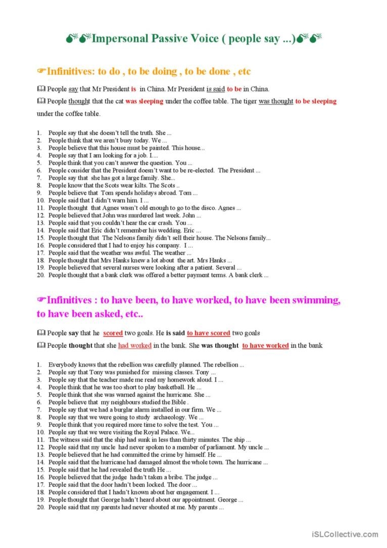 Impersonal Passive Voice General Gra English ESL Worksheets Pdf Doc