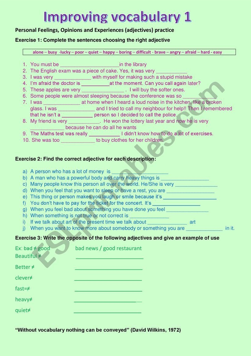 Improving Vocabulary 1 ESL Worksheet By Rosaria13