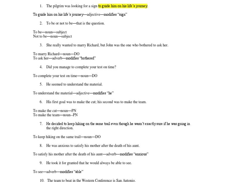 Infinitive Phrases Worksheet With Answers 2016 PDF Adverb