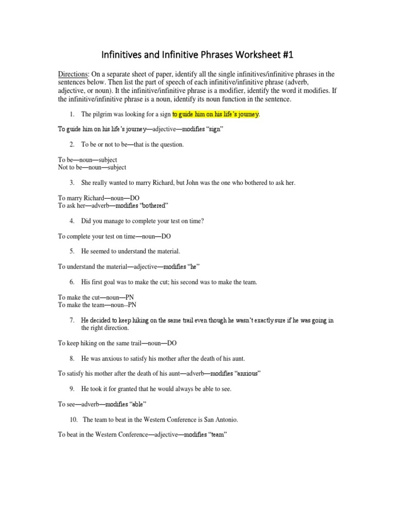 Infinitive Phrases Worksheet With Answers 2016 PDF Adverb 