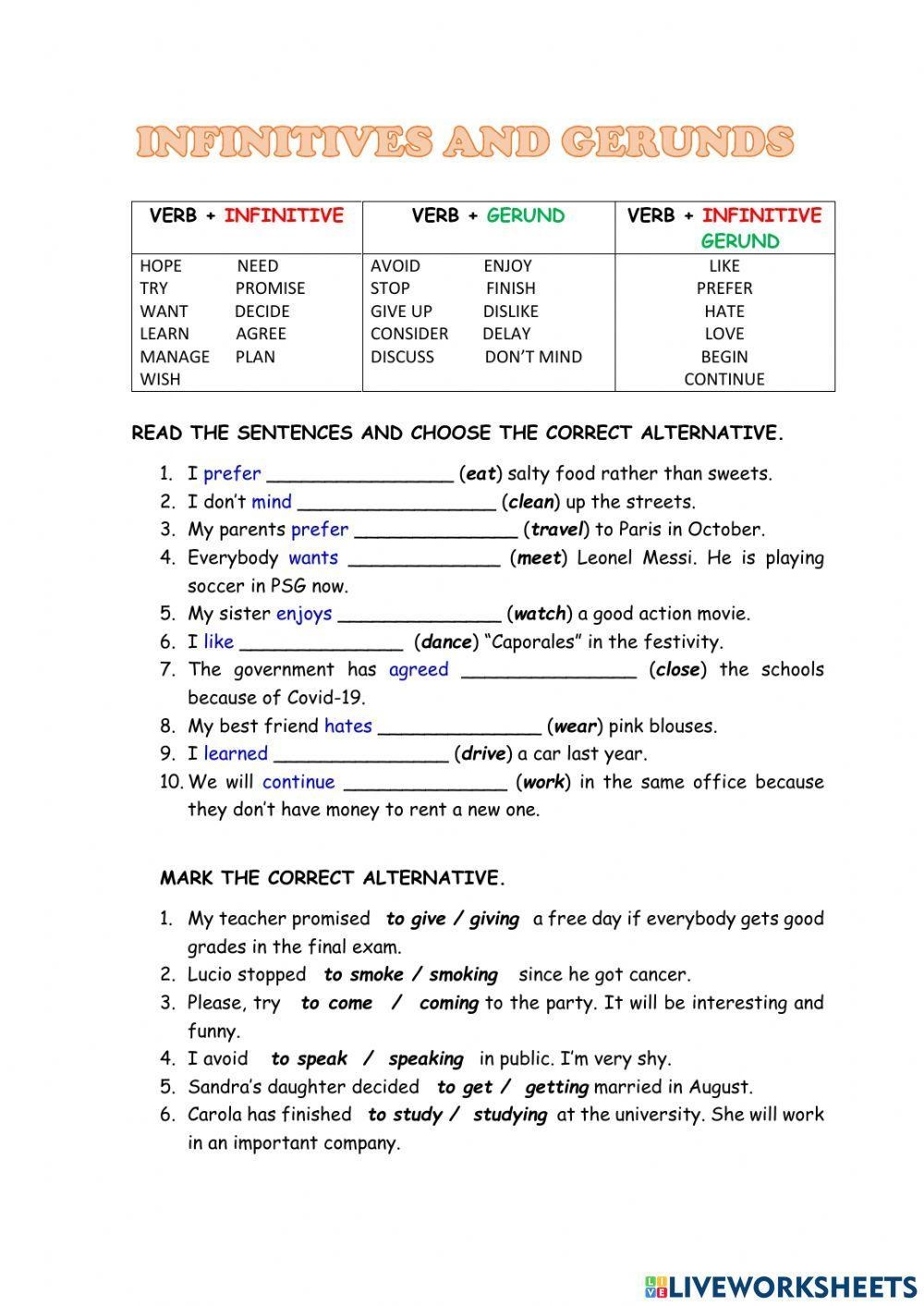 Infinitive Vs Gerunds Grassi Astete Live Worksheets Library