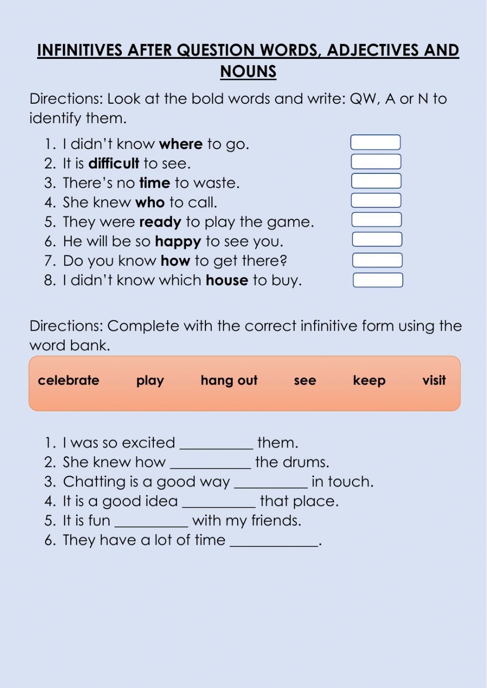 Infinitives After Question Words Adjectives And Nouns Worksheet