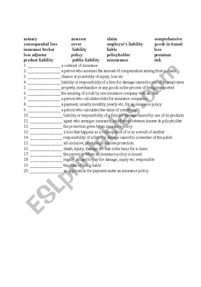 Insurance Vocabulary ESL Worksheet By Thuybot