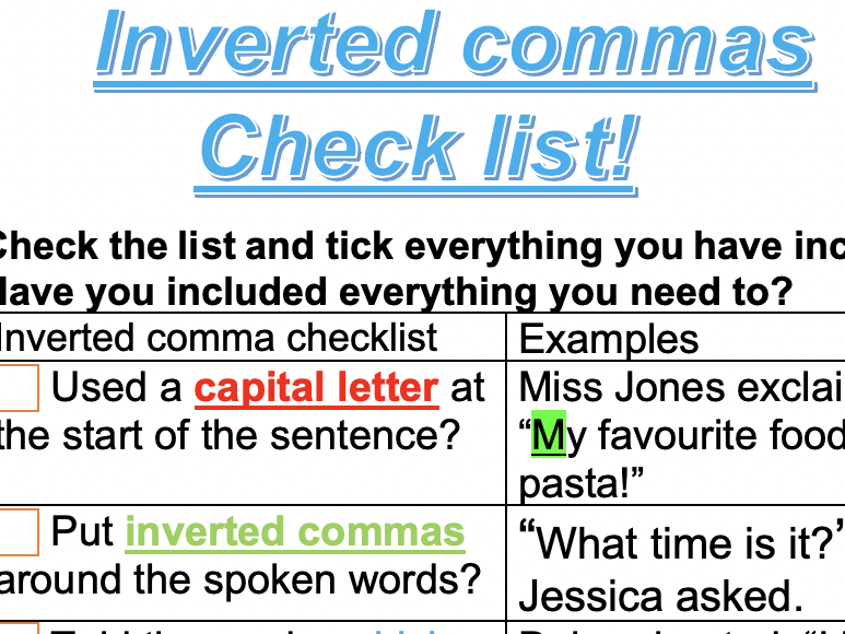 Inverted Commas Checklist Teaching Resources