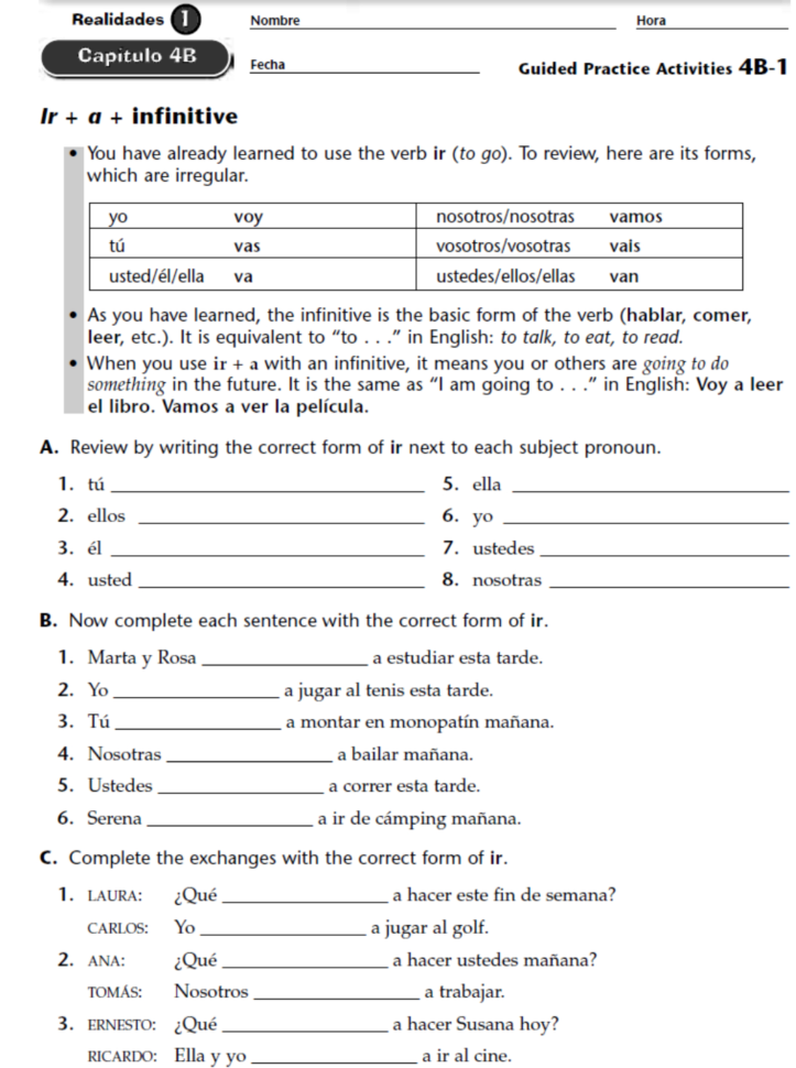 Ir A Infinitive Worksheet Answers Db excel