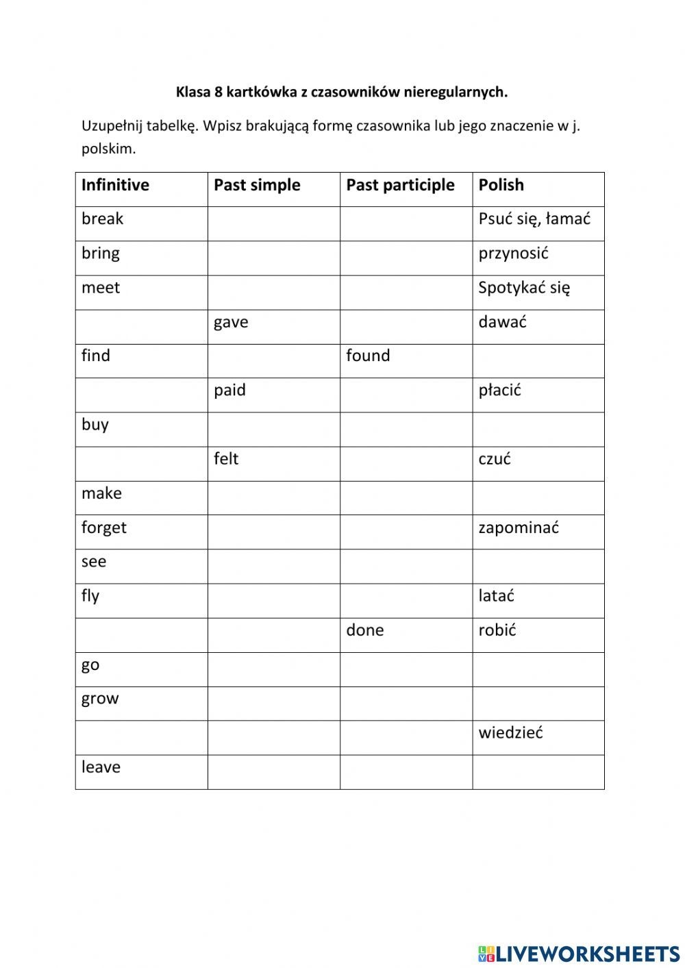 inregular verbs