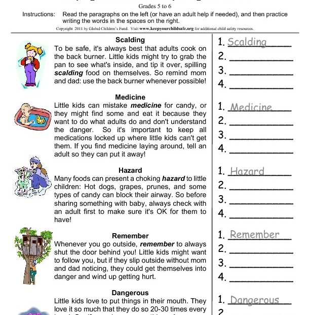 Keeping little kids safe spelling vocabulary worksheet grade 5 6