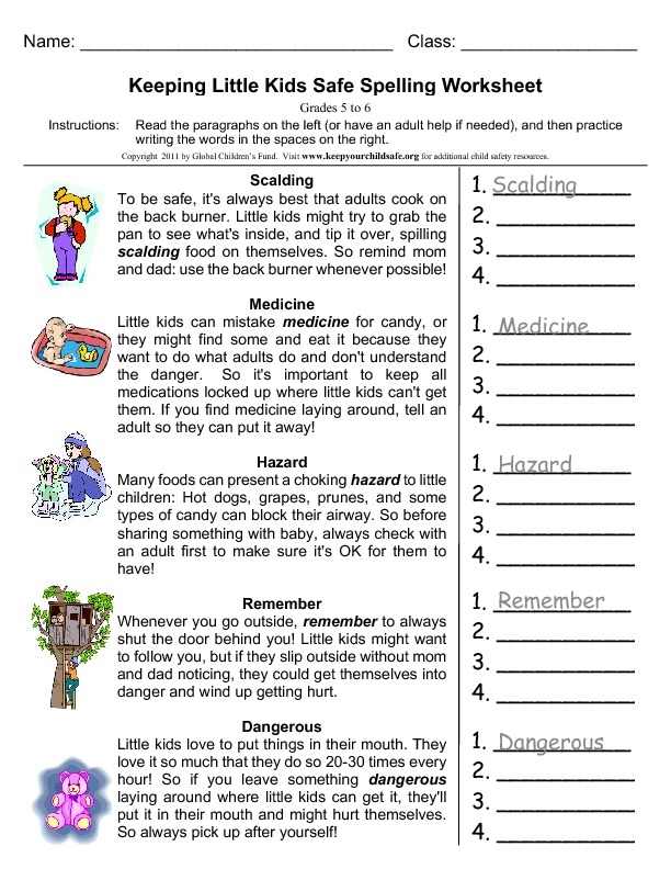 Keeping little kids safe spelling vocabulary worksheet grade 5 6 
