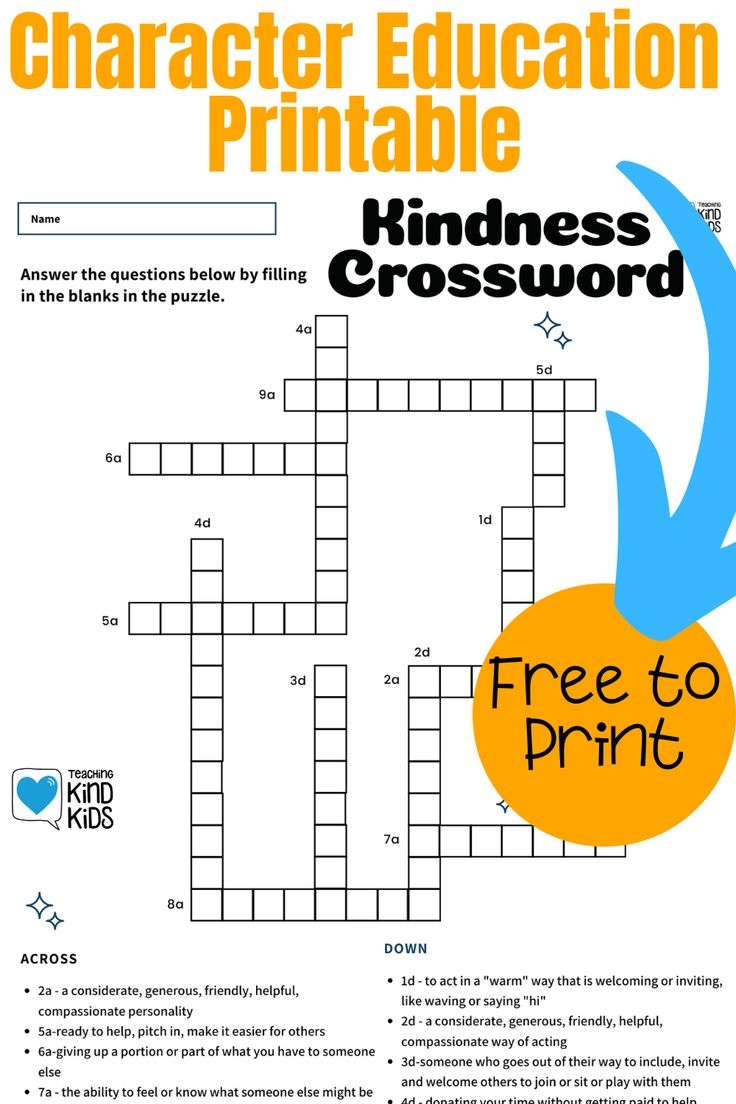 Kindness Crossword Puzzle Free Printable For SEL Vocabulary
