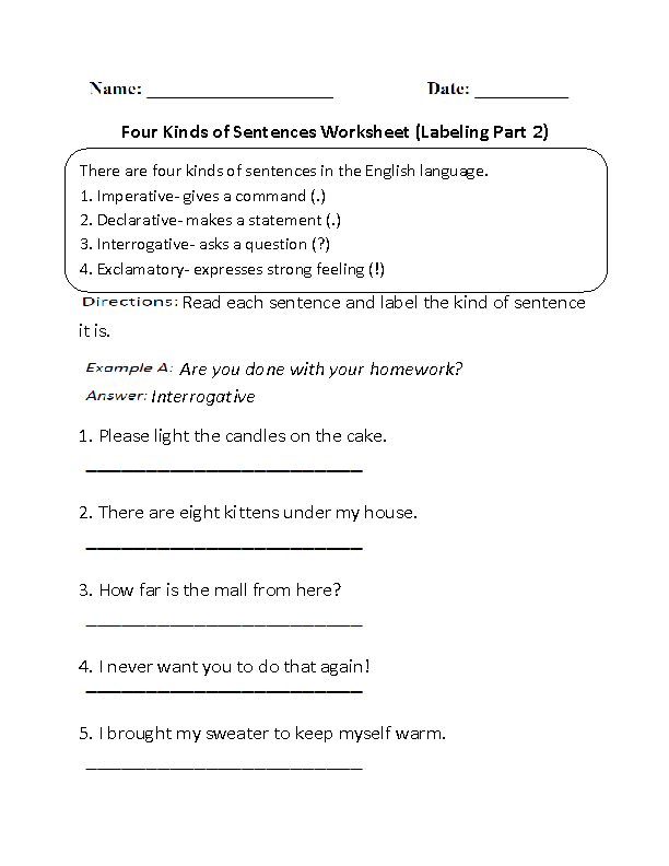 Kinds Of Sentences Worksheets Different Kinds Of Sentences Worksheet