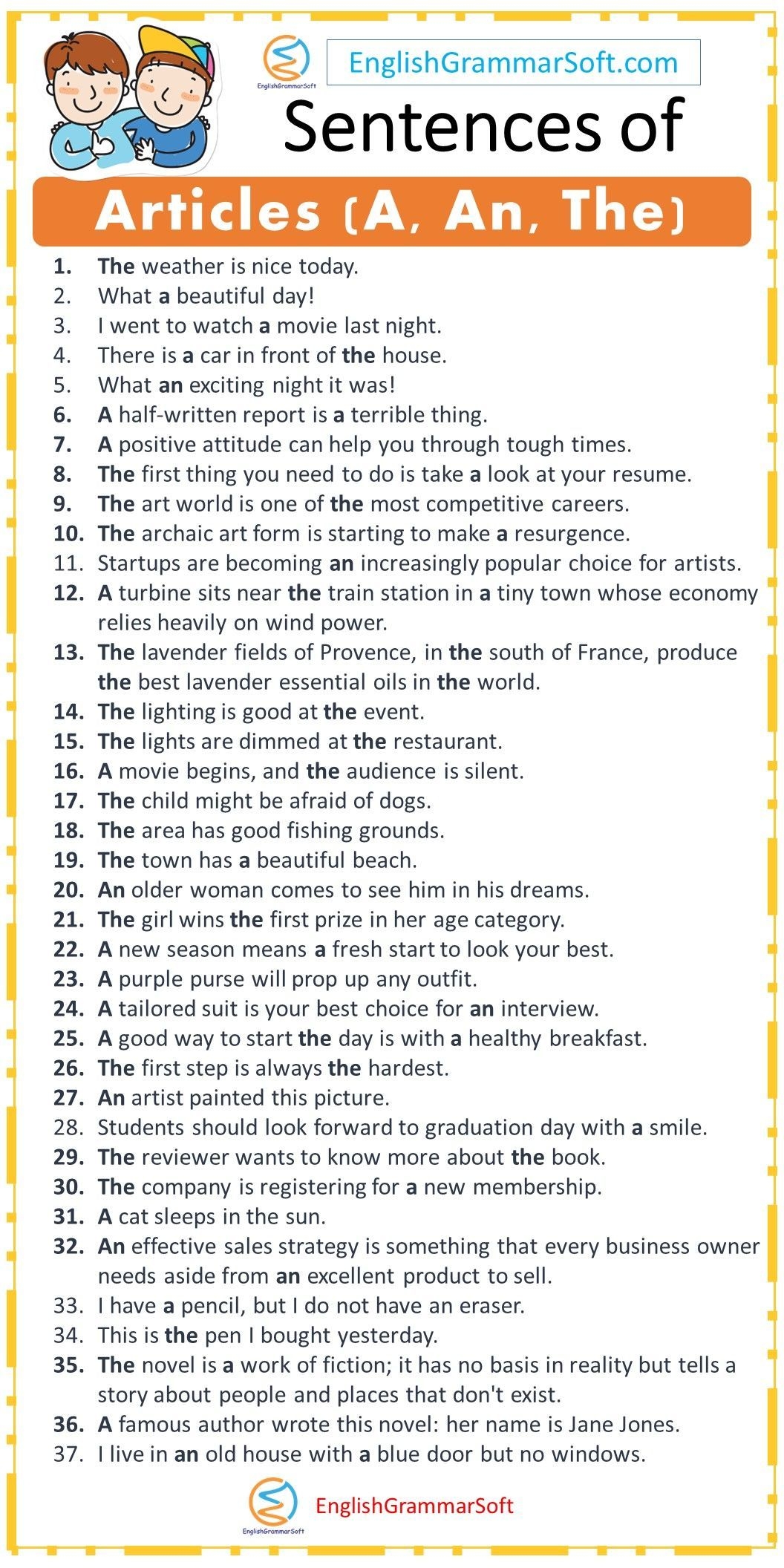 articles in english examples