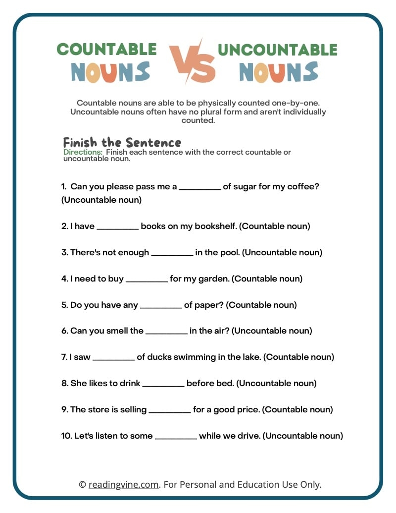 Level I Practice Countable And Uncountable Nouns PDF Worksheets Library