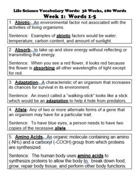 Life Science Vocabulary Words 180 Words Definitions Sentences For 