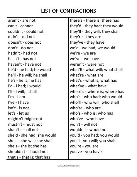 List Of Contractions Free Printable
