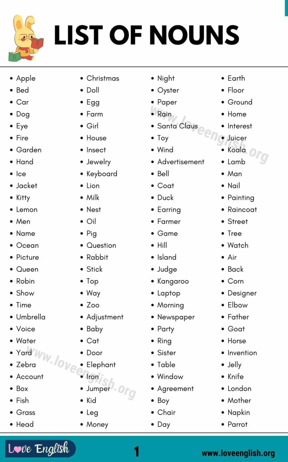 List Of Nouns A Guide To 370 Frequently Used Nouns In English Love 