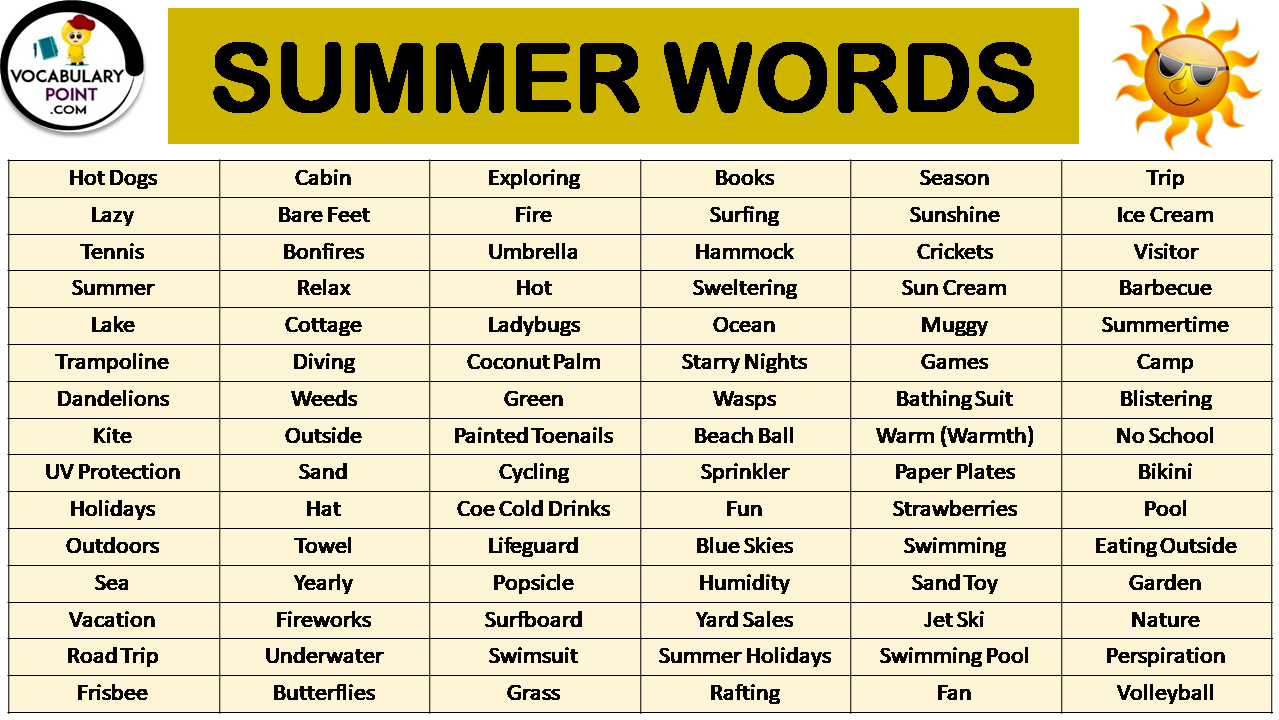 List Of Summer Words Vocabulary Point